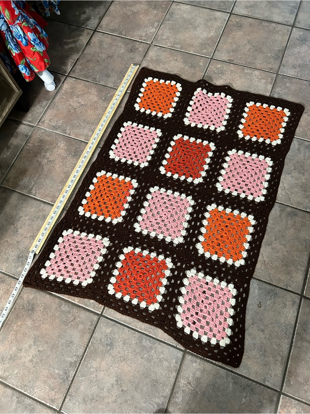 Handmade Brown Crochet Granny Square Throw with Pink, Orange & Cream